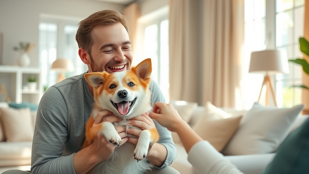pet odor removal service, happy pet and owner in fresh-smelling home