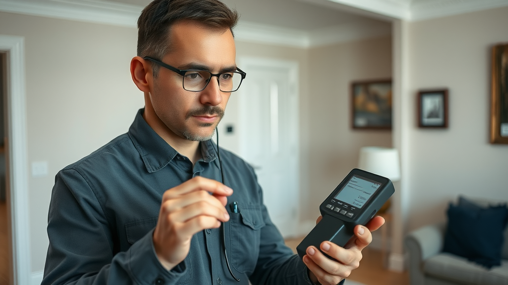 odor removal service technician inspecting home with monitoring device