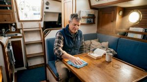 Boat owner cleaning cabin for comfort and odor
