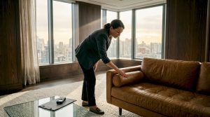 Manager inspects luxury interior for smoke odor