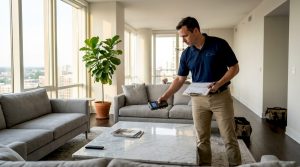 Technician checks luxury apartment for odors