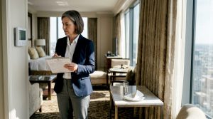 Hotel manager checks air quality monitor in suite
