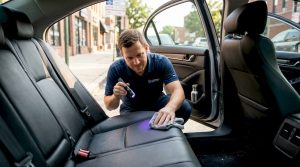 Technician cleaning car interior for food odor