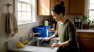 Woman cleaning kitchen sink naturally