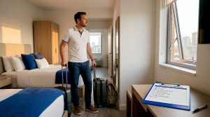 Hotel guest pausing and checking room air