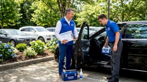 Fleet manager inspecting luxury car cleaning process