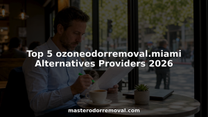 Business analyst reviewing odor removal report at conference table