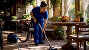 Janitor vacuuming commercial office reception area