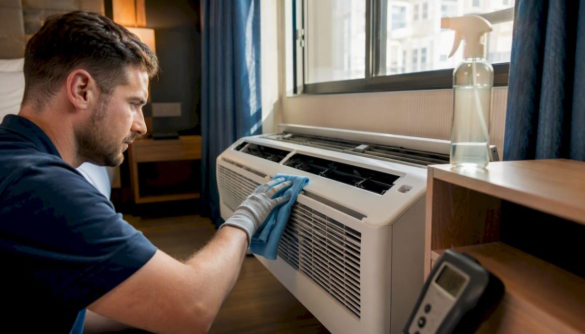 Hands cleaning hotel PTAC unit with eco-friendly method