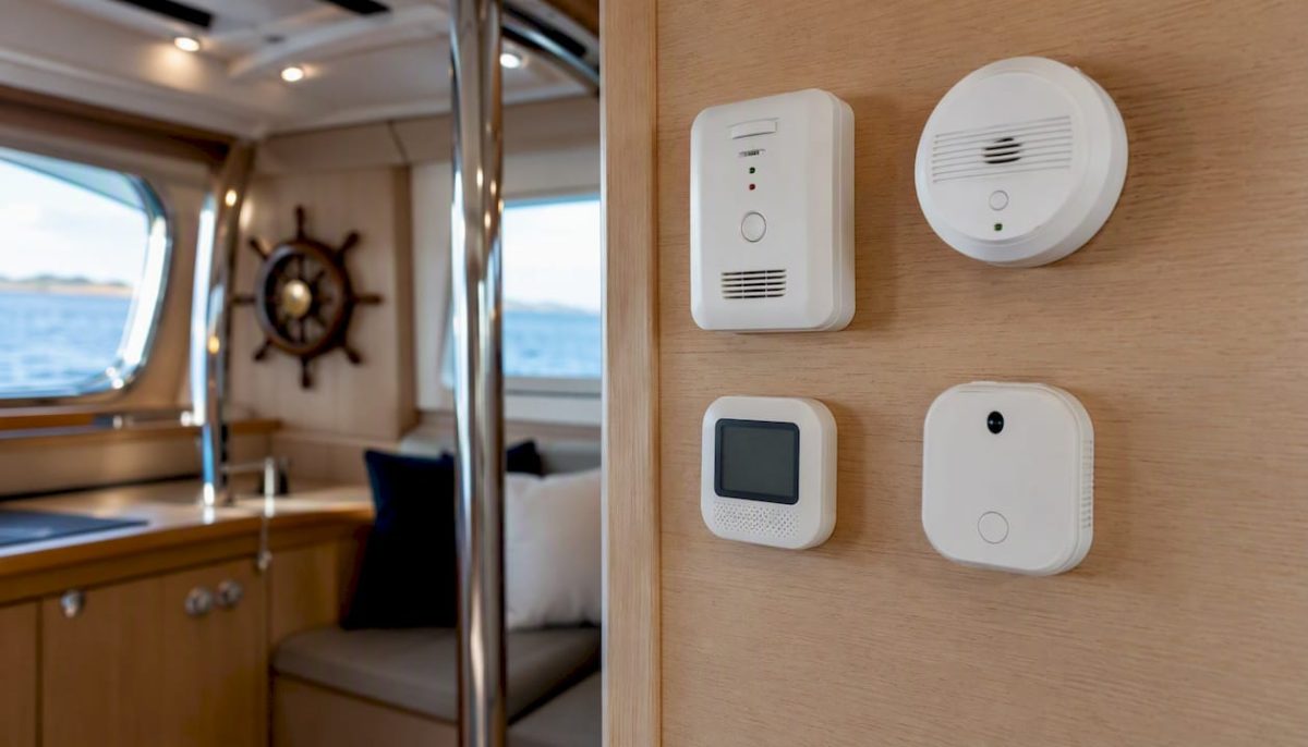 Various air quality detectors mounted in boat cabin