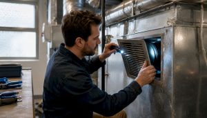 Facility manager removing HVAC air vent cover