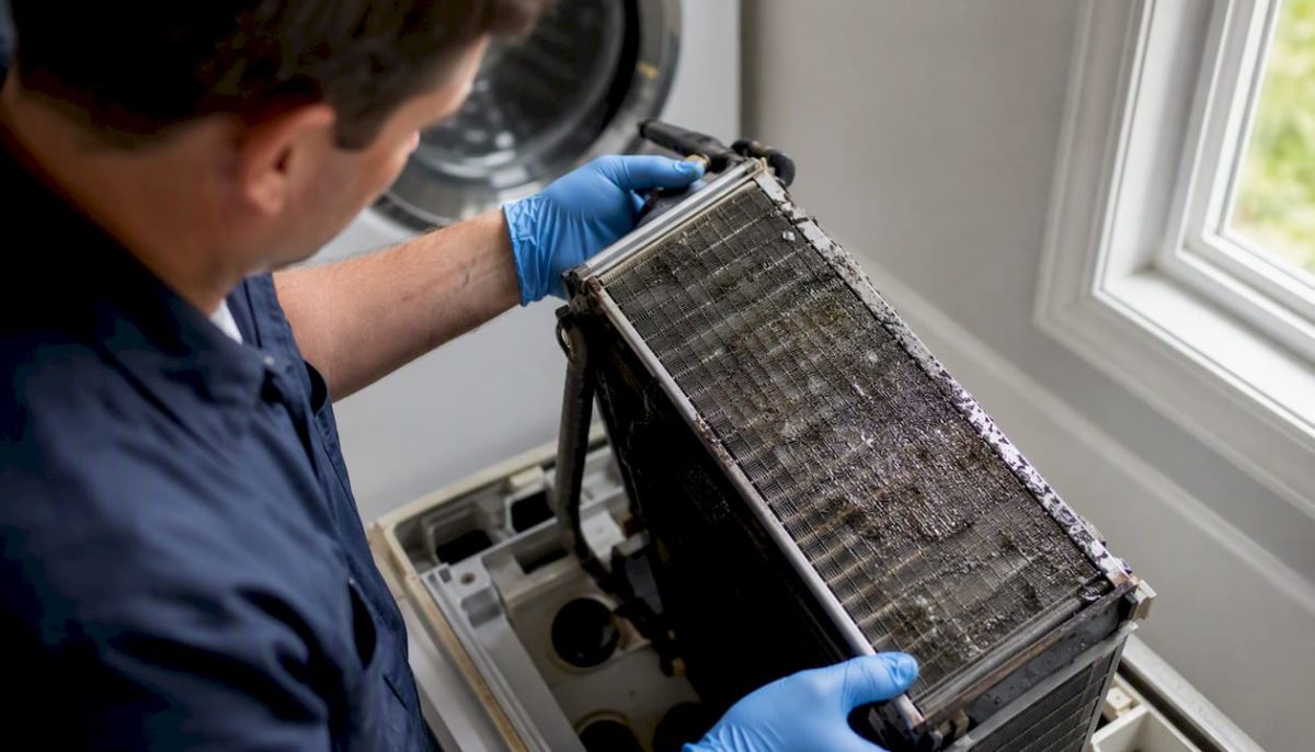 Hands inspecting moist HVAC evaporator coil