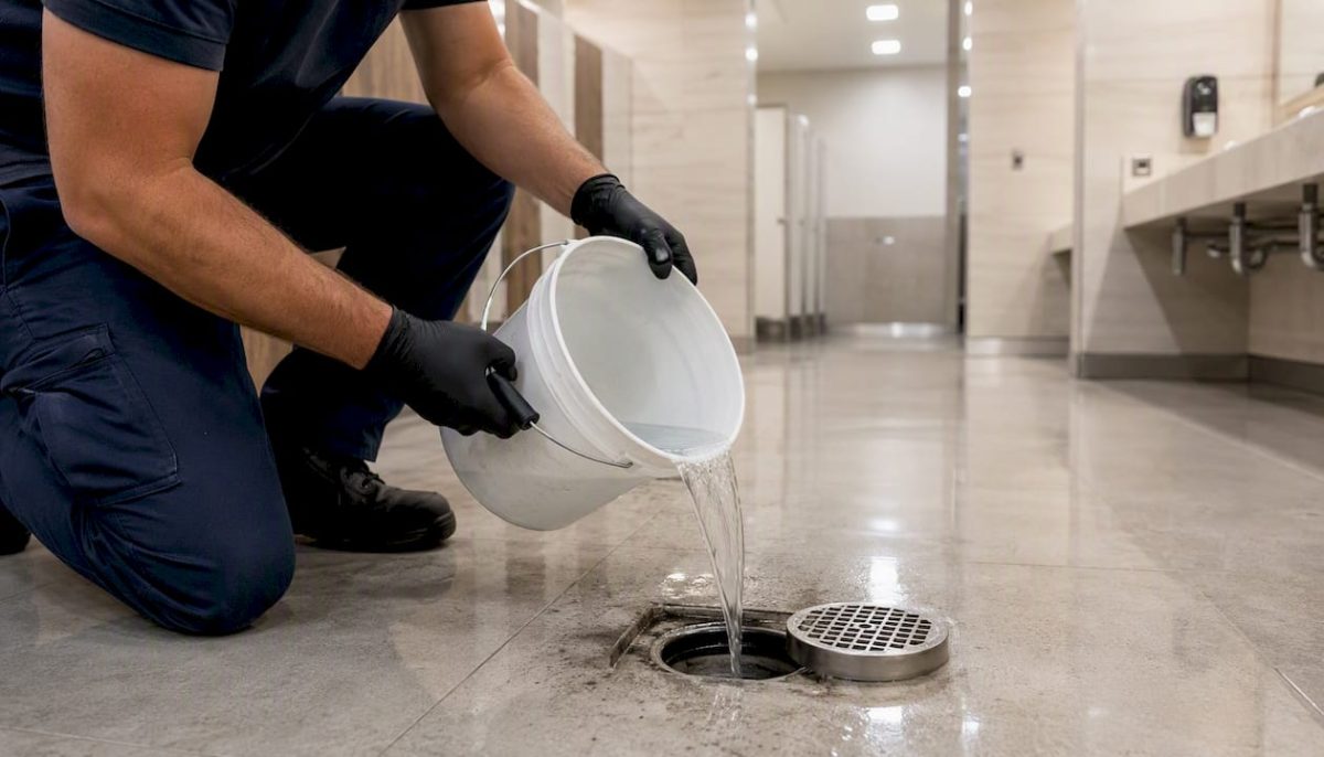 Pouring water into floor drain P-trap