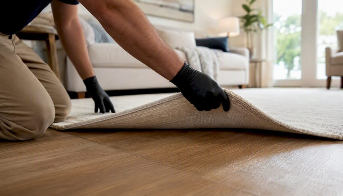 Technician lifting carpet corner to inspect pet odor