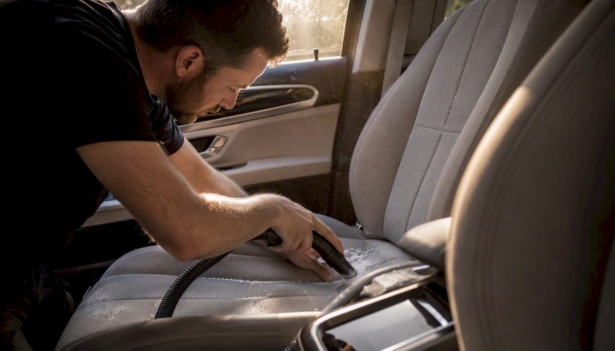 Vacuum nozzle removing baking soda from car seat fabric
