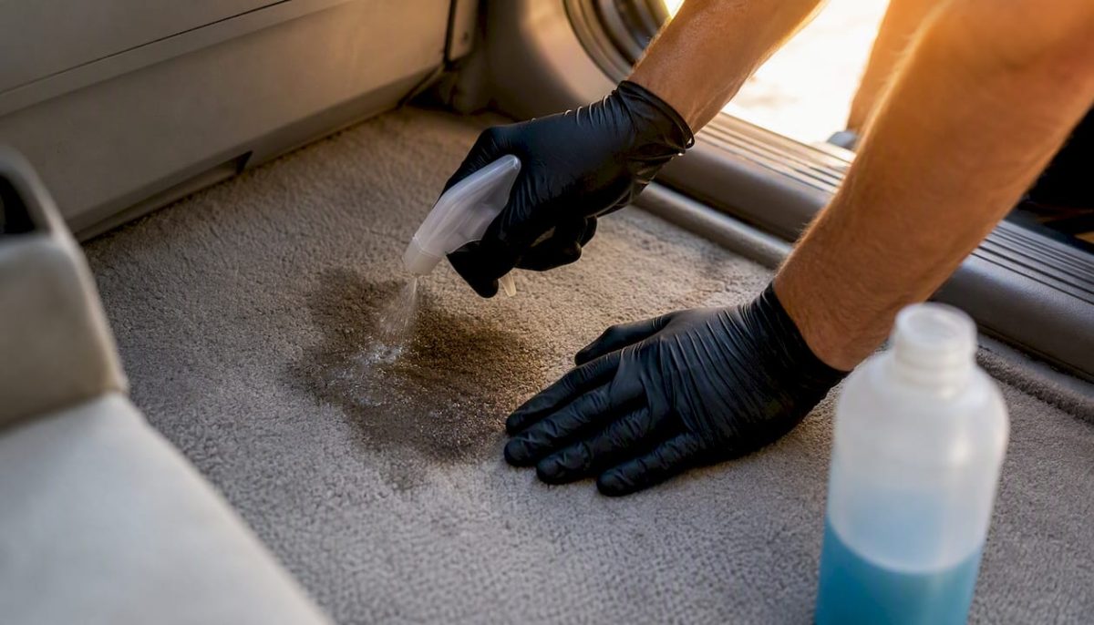Hands spraying enzyme cleaner on car pet stain