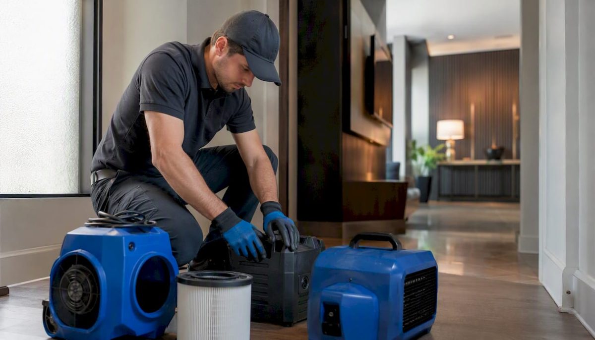 Technician preparing odor neutralization equipment in rental hallway