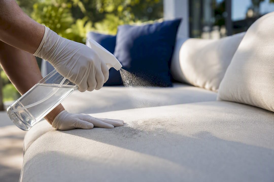 Hands applying enzymatic cleaner to upholstery fabric