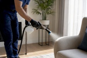 Technician spraying eco-friendly odor treatment in luxury interior