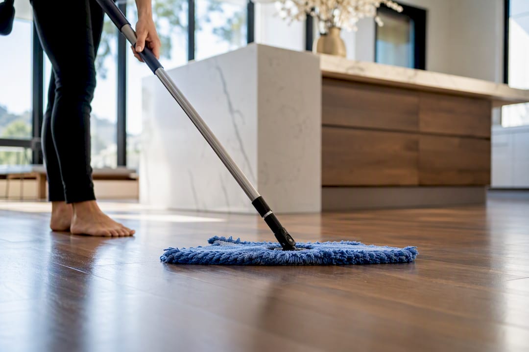 Hands using microfiber mop on hardwood floor