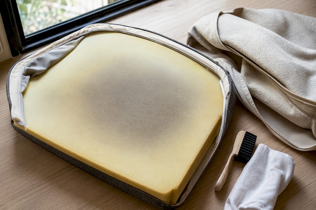Exposed RV cushion foam under inspection