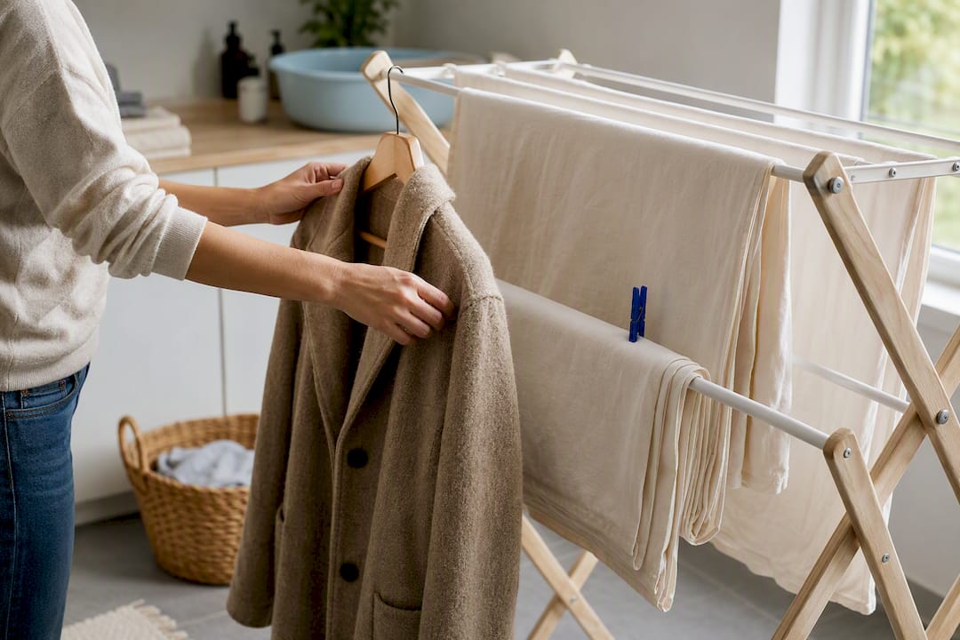 Washed fabrics air drying on a rack