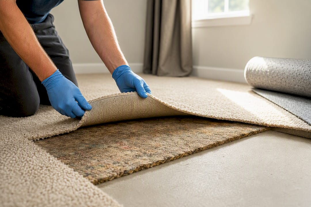 Carpet lifted to reveal contaminated rental pad